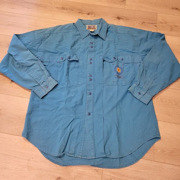 Vtg Mens Bugle Boy Embroider Logo Faded Teal Long Sleeve Button Cotton Shirt Lg - Picture 1 of 8